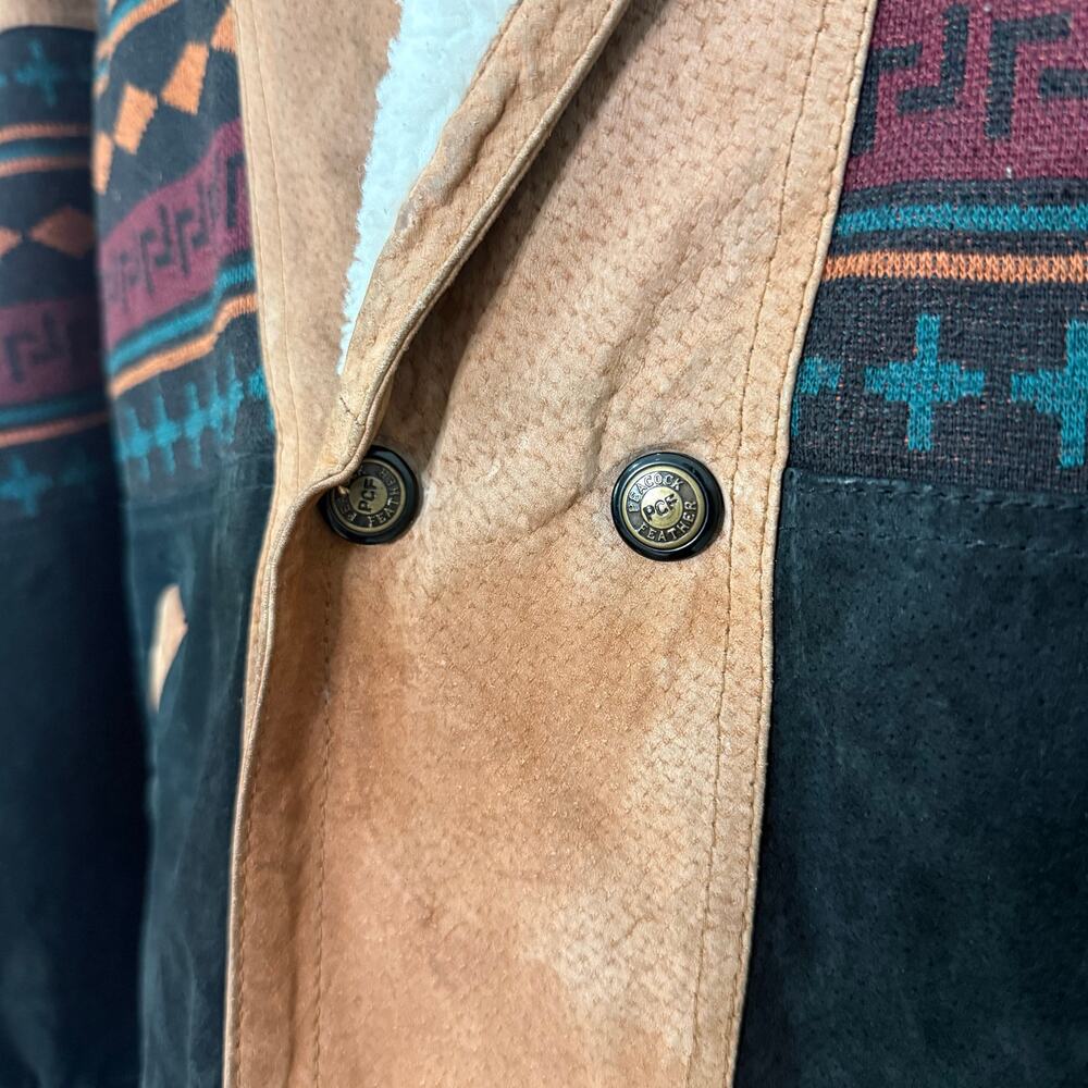 Vintage 90s Tan Black Leather Southwest Sherpa Lined Trucker Jacket size XXL - Picture 12 of 16